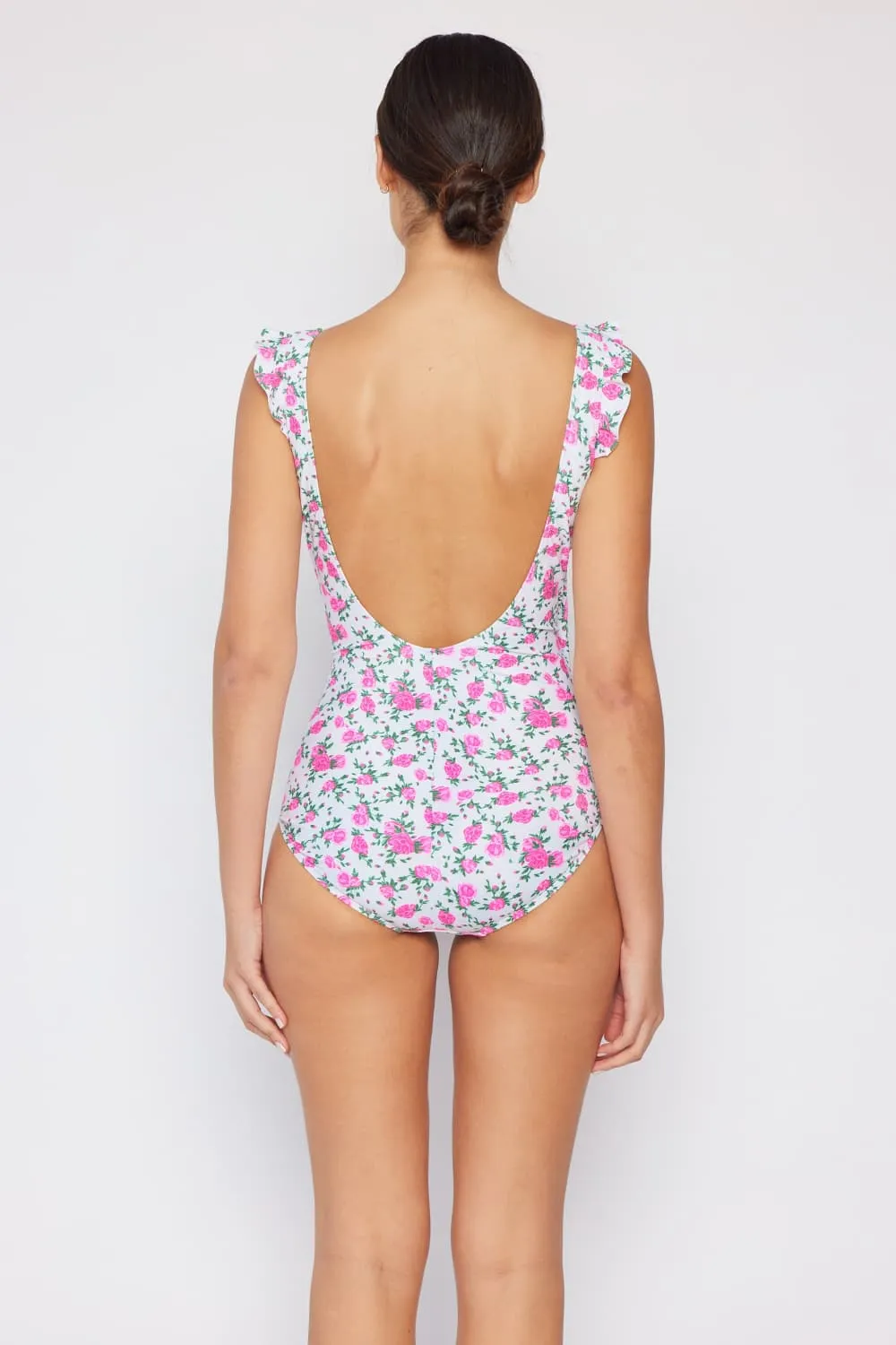 Hazel Blues® | Float On Ruffle Faux Wrap One-Piece in Roses Off-White: Adult