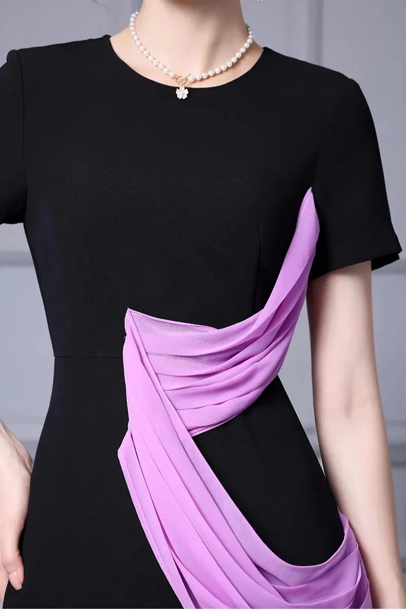 Ivana Short sleeve Pleats Ribbon Patchwork Black Dress