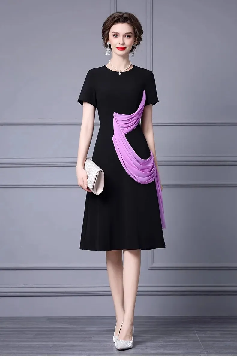 Ivana Short sleeve Pleats Ribbon Patchwork Black Dress