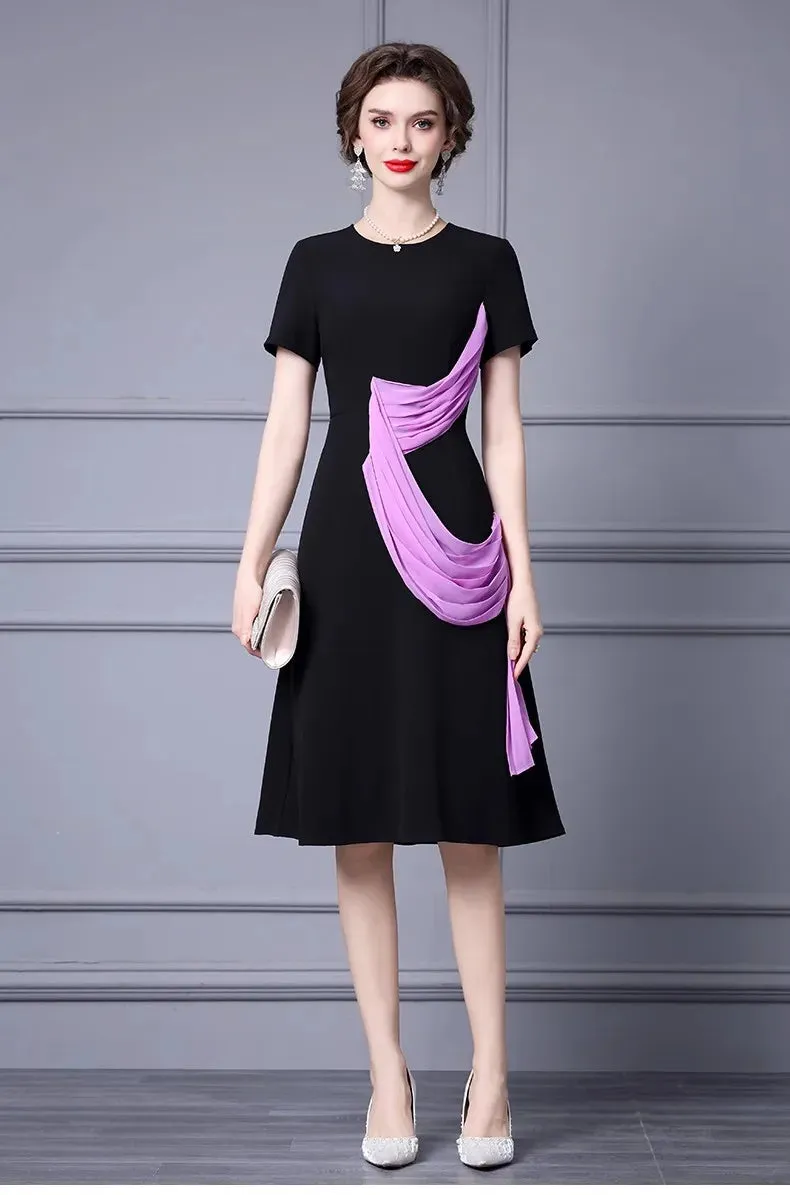 Ivana Short sleeve Pleats Ribbon Patchwork Black Dress