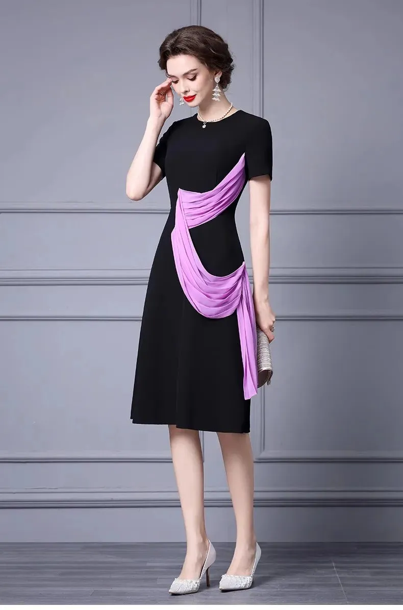 Ivana Short sleeve Pleats Ribbon Patchwork Black Dress