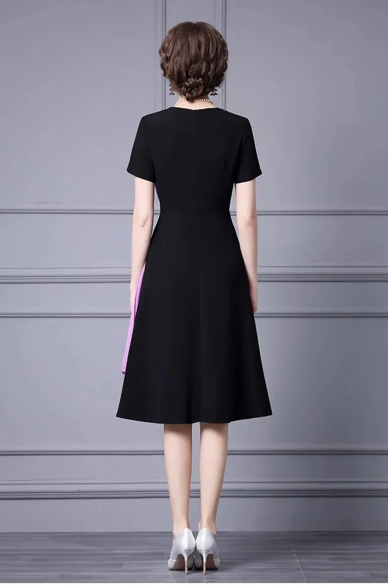 Ivana Short sleeve Pleats Ribbon Patchwork Black Dress