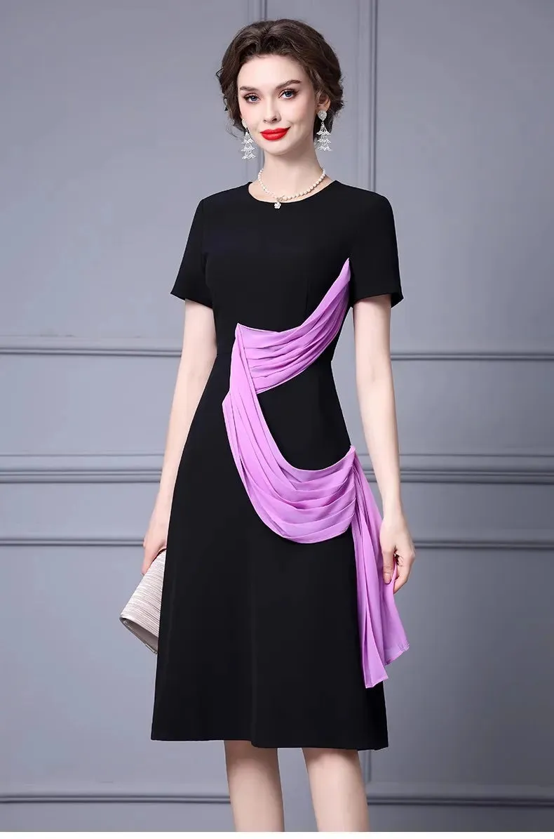 Ivana Short sleeve Pleats Ribbon Patchwork Black Dress