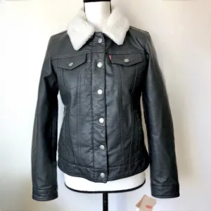 Levi’s Black Vegan Leather Sherpa Lined Trucker Jacket Classic Americana