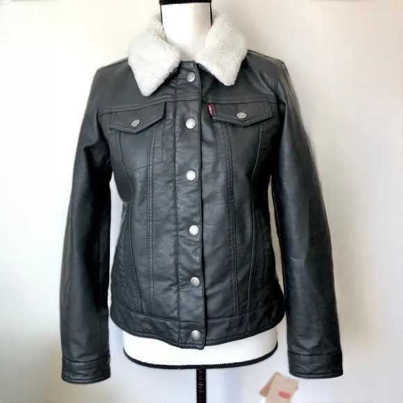 Levi’s Black Vegan Leather Sherpa Lined Trucker Jacket Classic Americana
