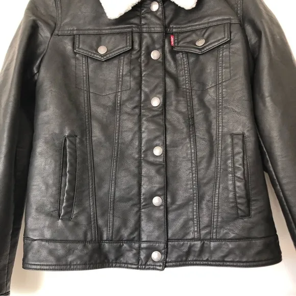 Levi’s Black Vegan Leather Sherpa Lined Trucker Jacket Classic Americana