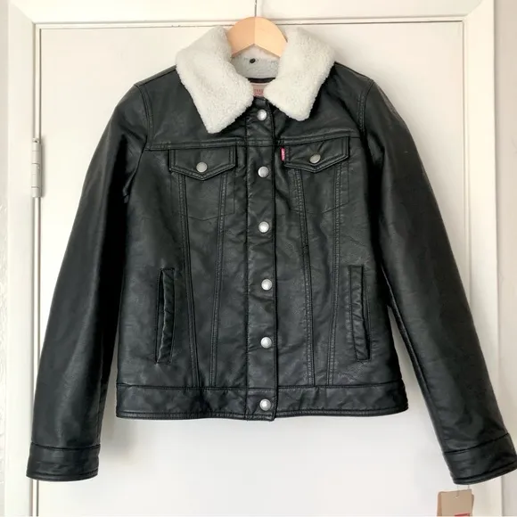 Levi’s Black Vegan Leather Sherpa Lined Trucker Jacket Classic Americana