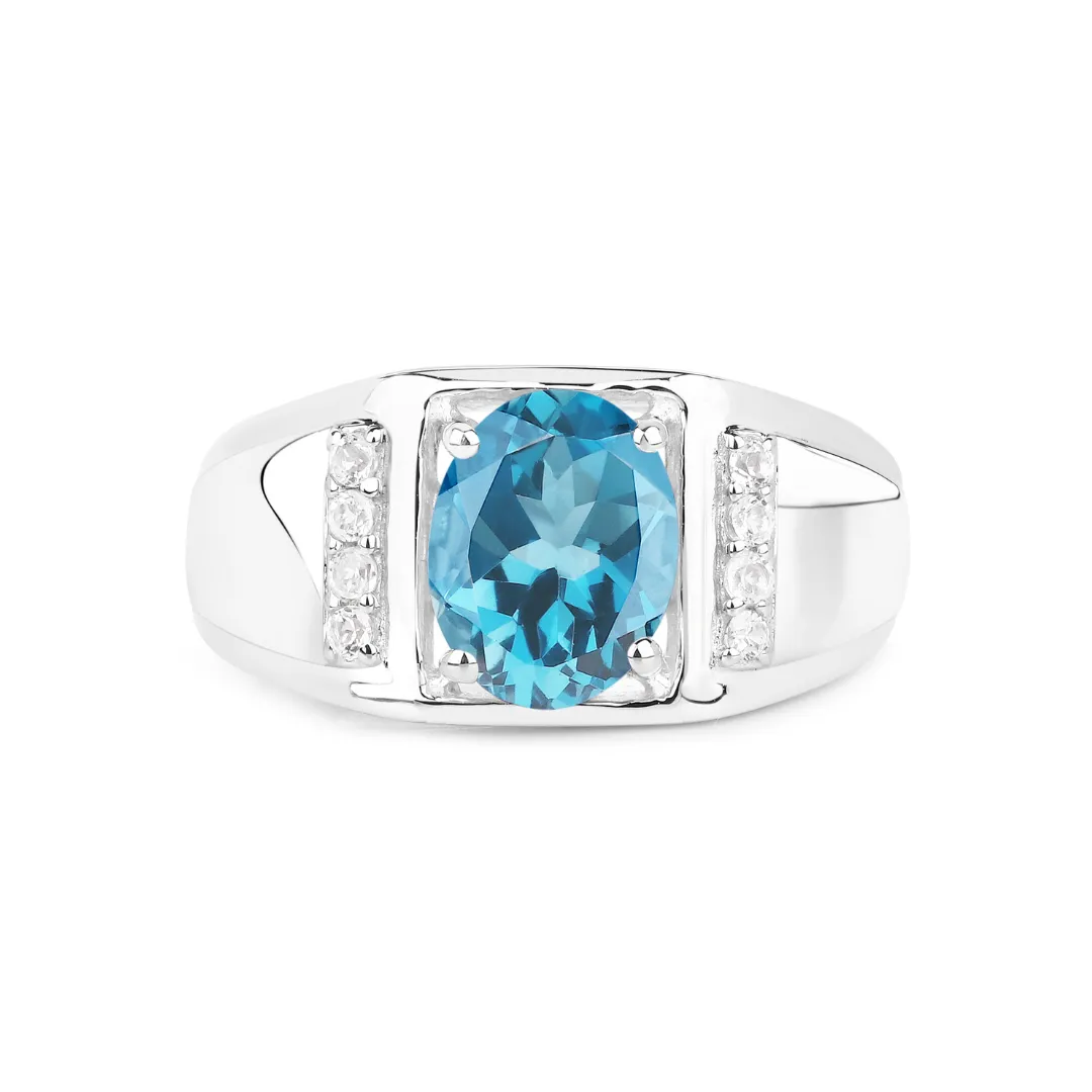 London Blue Topaz with White Topaz Solitaire Sterling Silver Unisex Ring