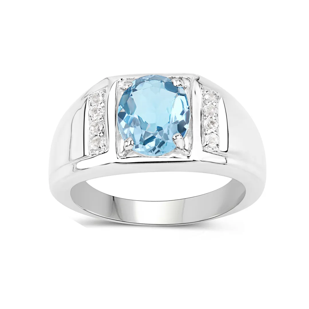 London Blue Topaz with White Topaz Solitaire Sterling Silver Unisex Ring