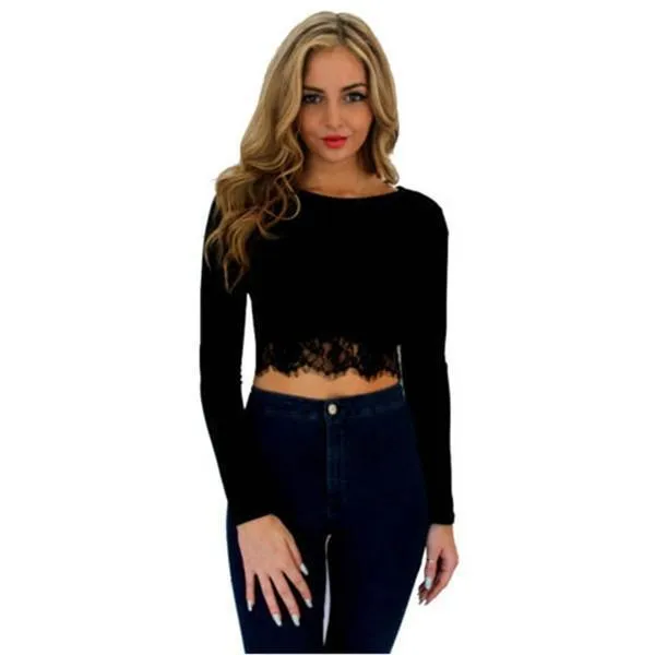 Long Sleeve Lace Crop Top (2 Colors)