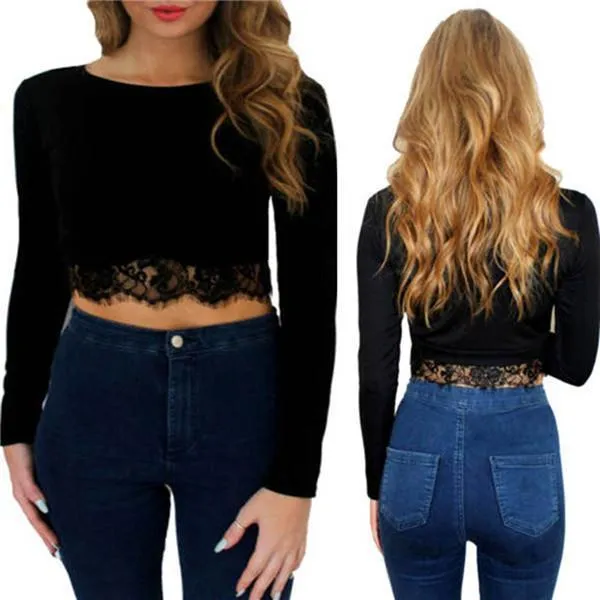 Long Sleeve Lace Crop Top (2 Colors)