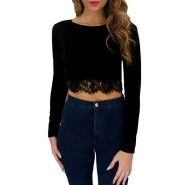 Long Sleeve Lace Crop Top (2 Colors)