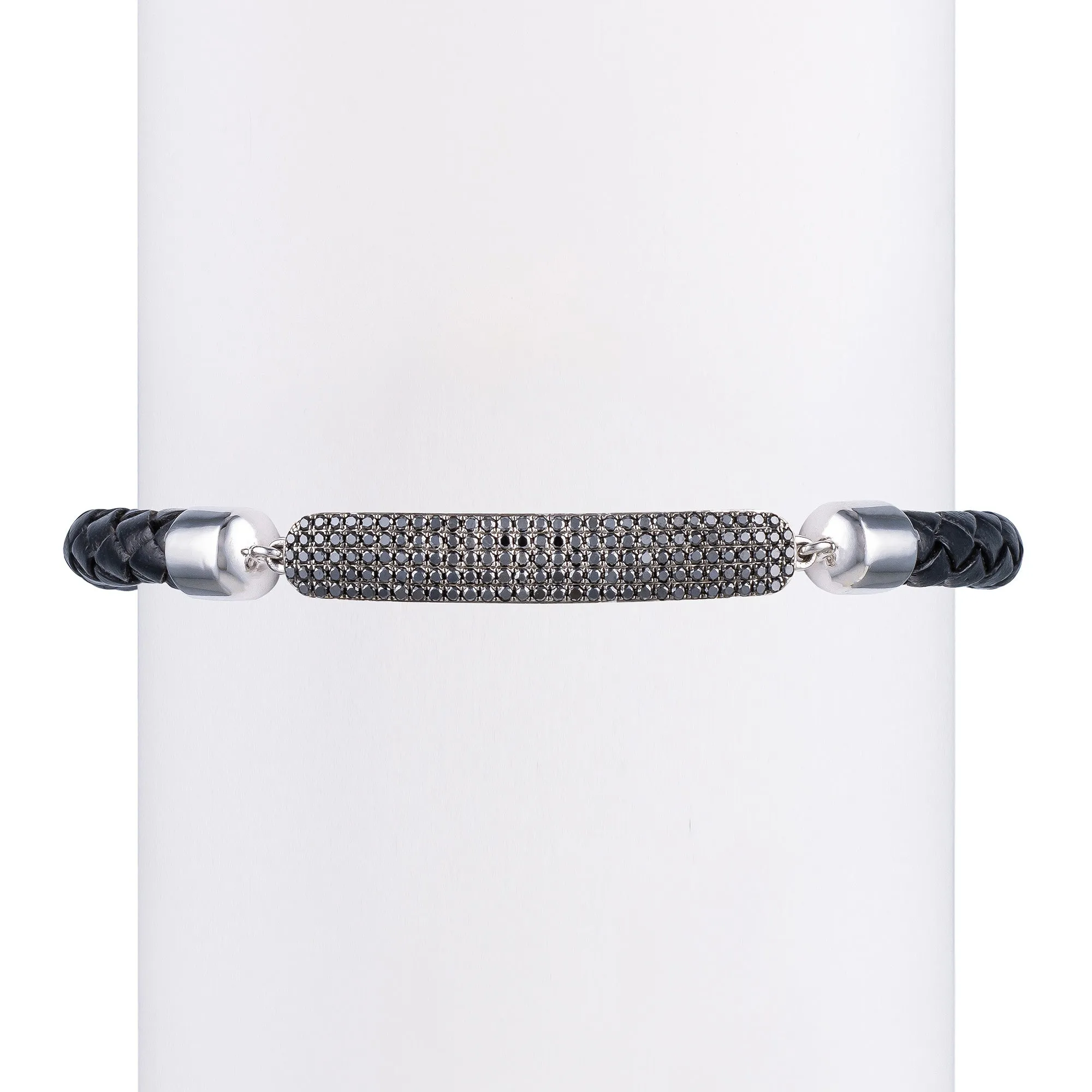 Men's Black Diamond Bar & Leather Bracelet