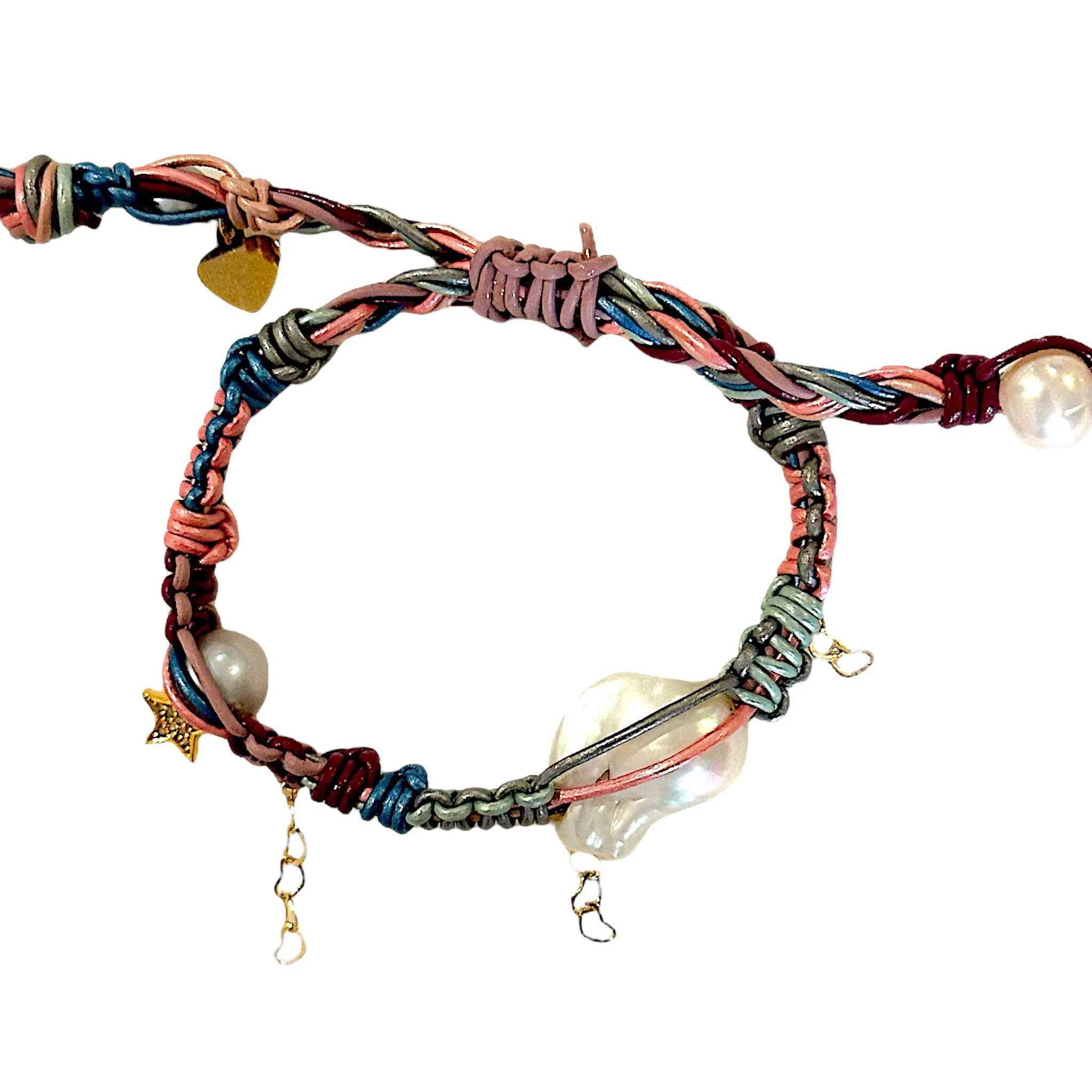 METALLIC MERMAID BAROQUE PEARL GOLD ROCKER LEATHER BRACELET