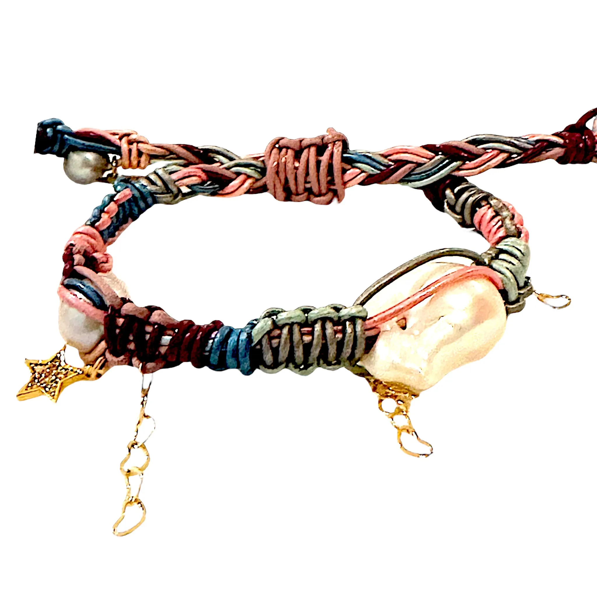 METALLIC MERMAID BAROQUE PEARL GOLD ROCKER LEATHER BRACELET