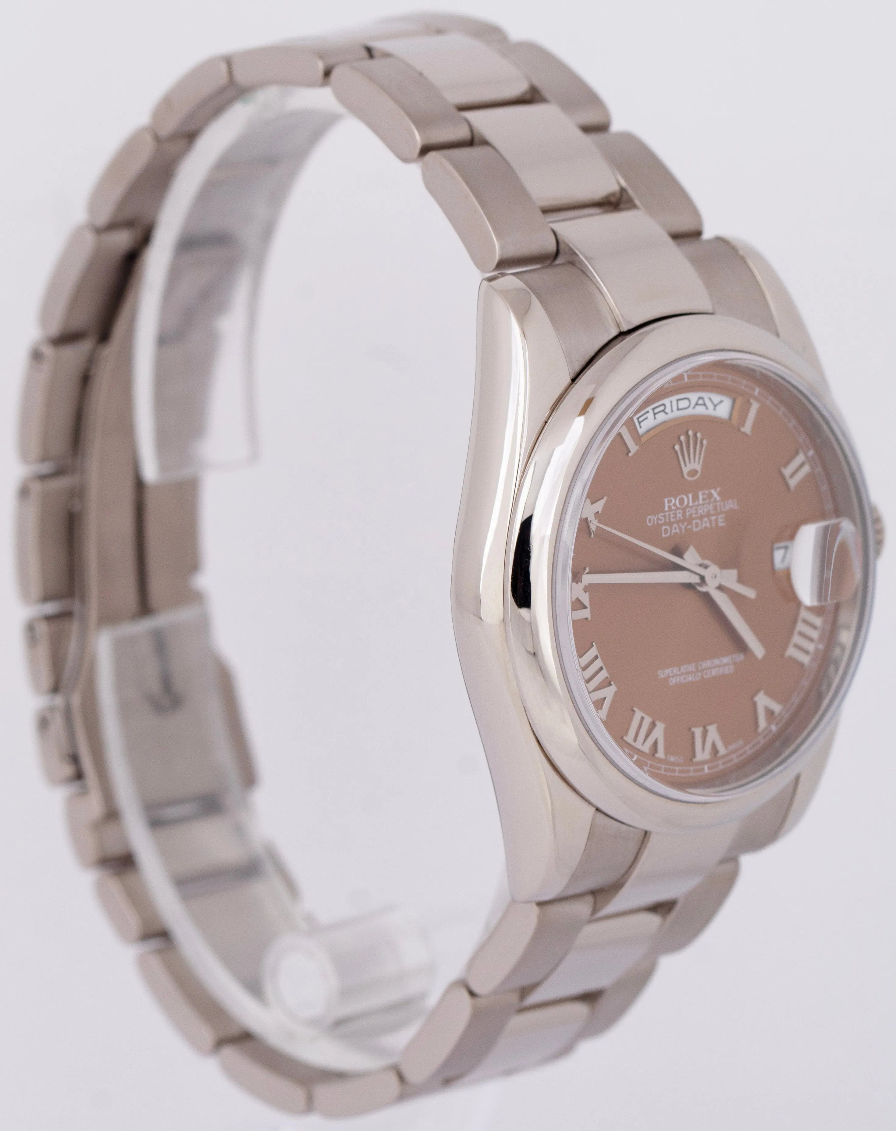 MINT Rolex Day-Date 36mm Bronze Copper Roman Dial 18k White Gold Watch 118209