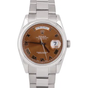 MINT Rolex Day-Date 36mm Bronze Copper Roman Dial 18k White Gold Watch 118209