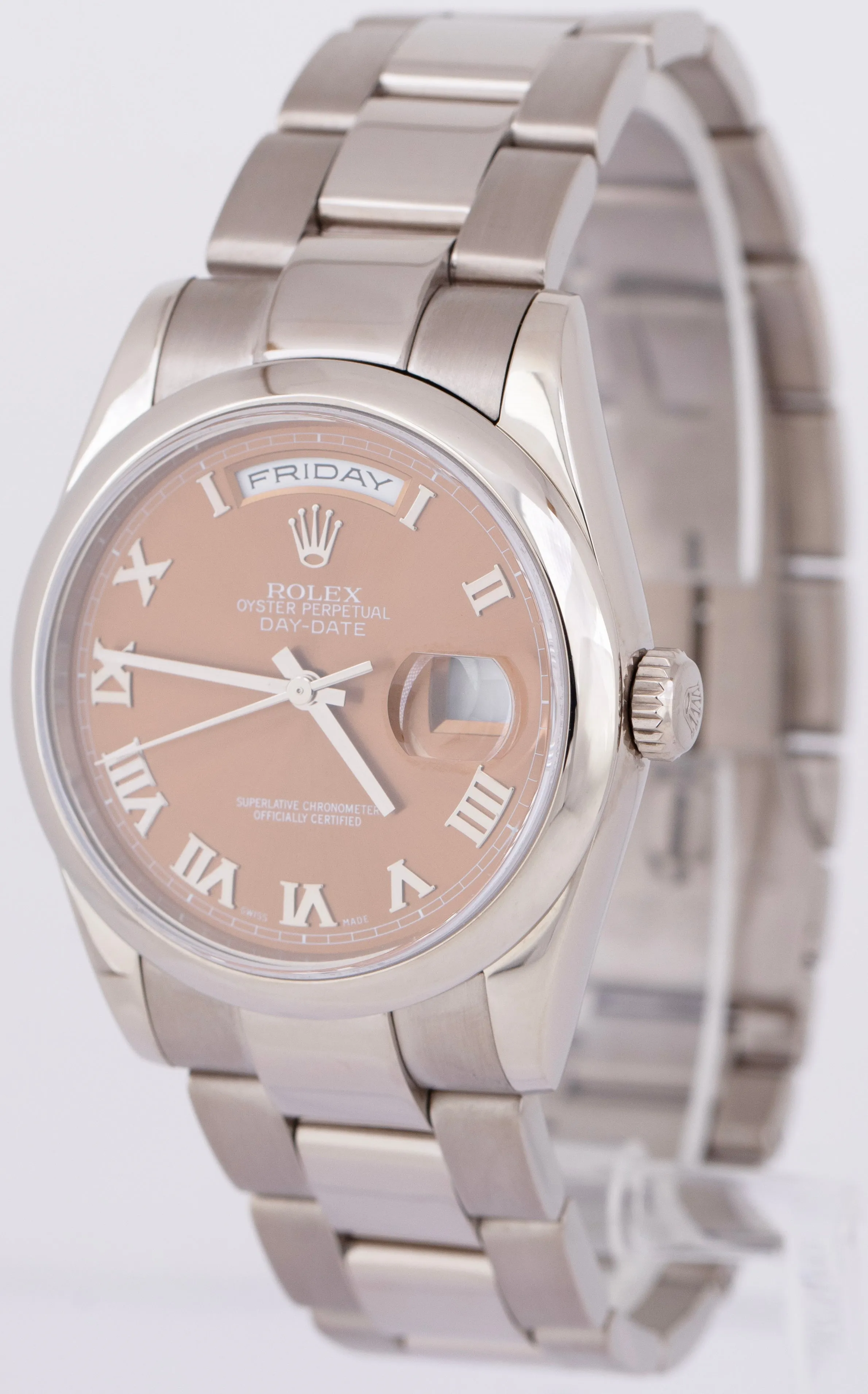 MINT Rolex Day-Date 36mm Bronze Copper Roman Dial 18k White Gold Watch 118209