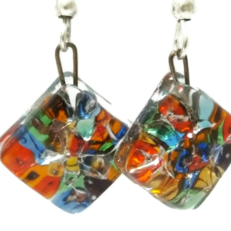 Mosaic Recycled Glass Colorful Earrings. Small fused Glass Earrings.