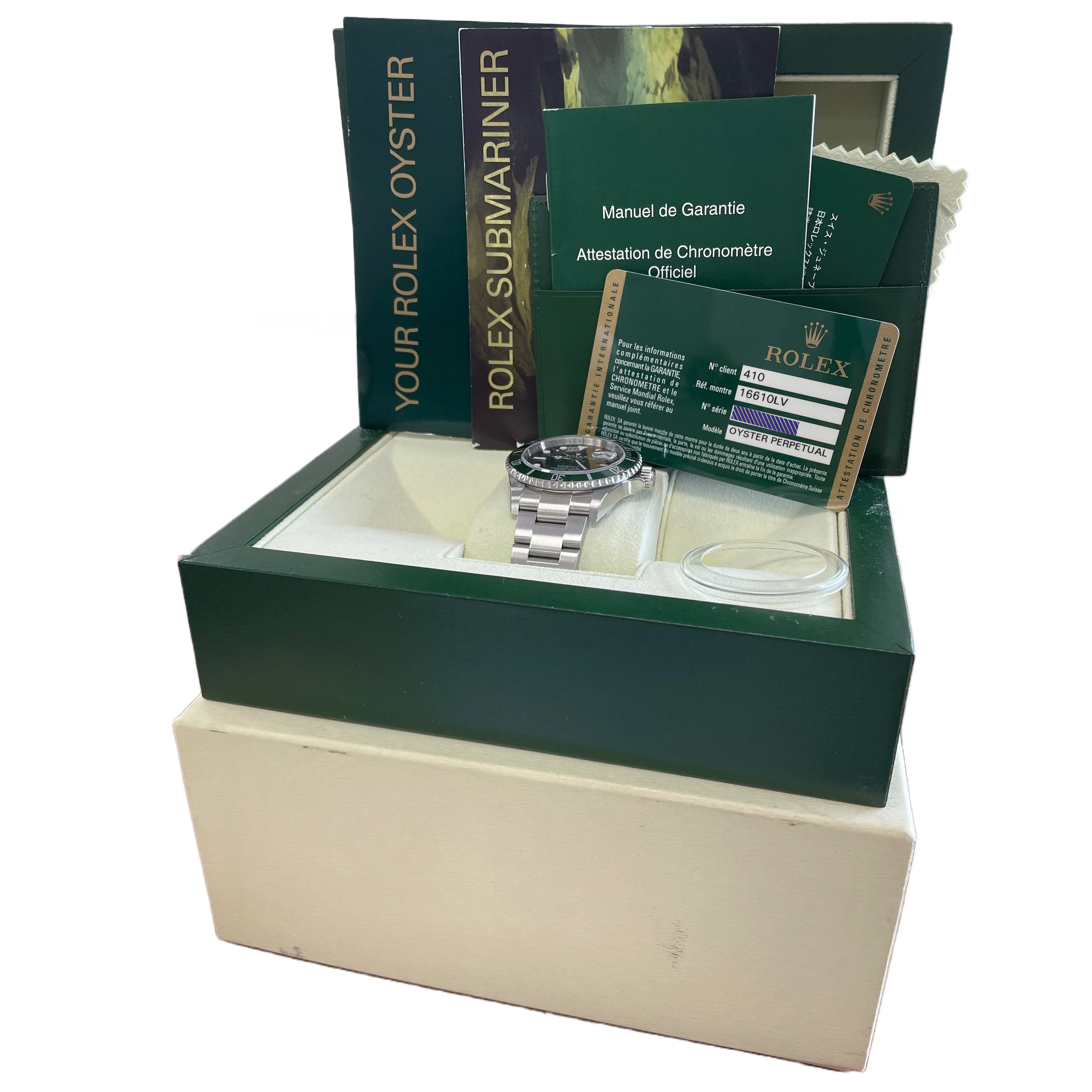 NOS STICKERED 2008 PAPERS Rolex Submariner Date KERMIT Green REHAUT 16610 LV B P