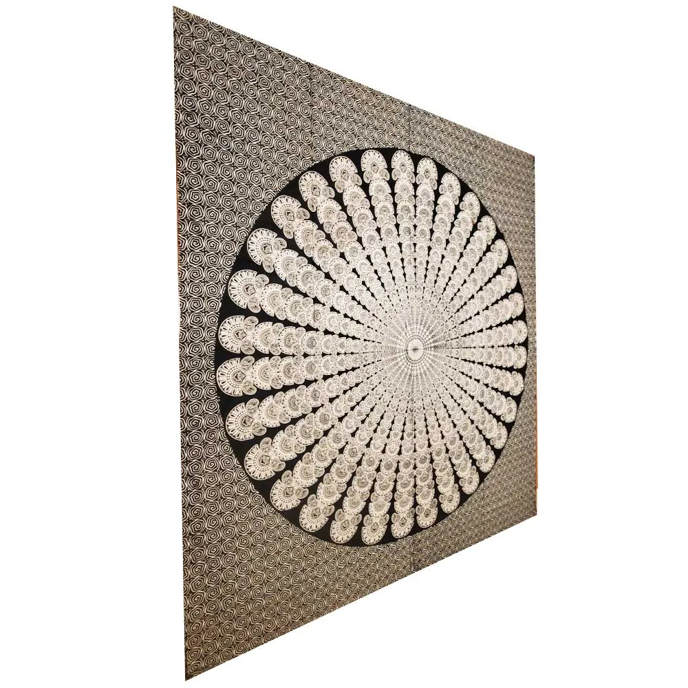 Optical Illusion Black and White Spiral Peacock Dance Mandala Tapestry