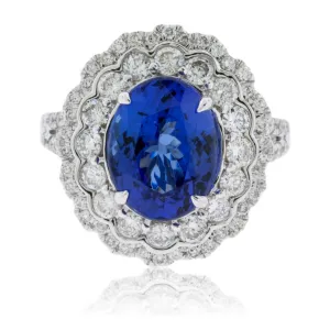 Oval Tanzanite & Double Diamond Halo Scalloped Ring