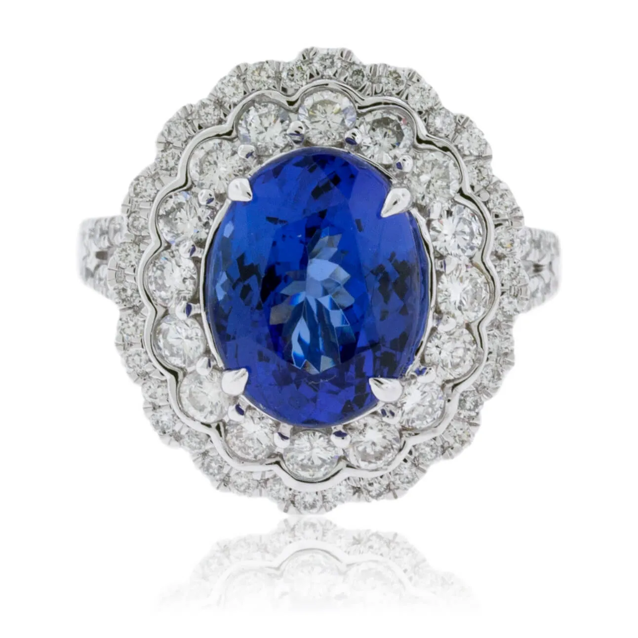 Oval Tanzanite & Double Diamond Halo Scalloped Ring