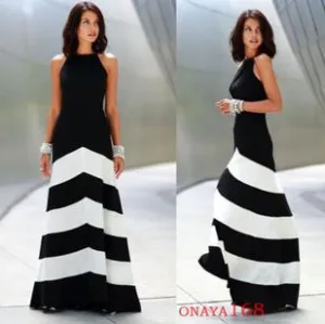 Pakistan Women Clothing Indian Sari Dresses 2017 Cotton Hot New Fashion Stripe Mosaic Halter Sleeveless Dress Sexy Big Swing