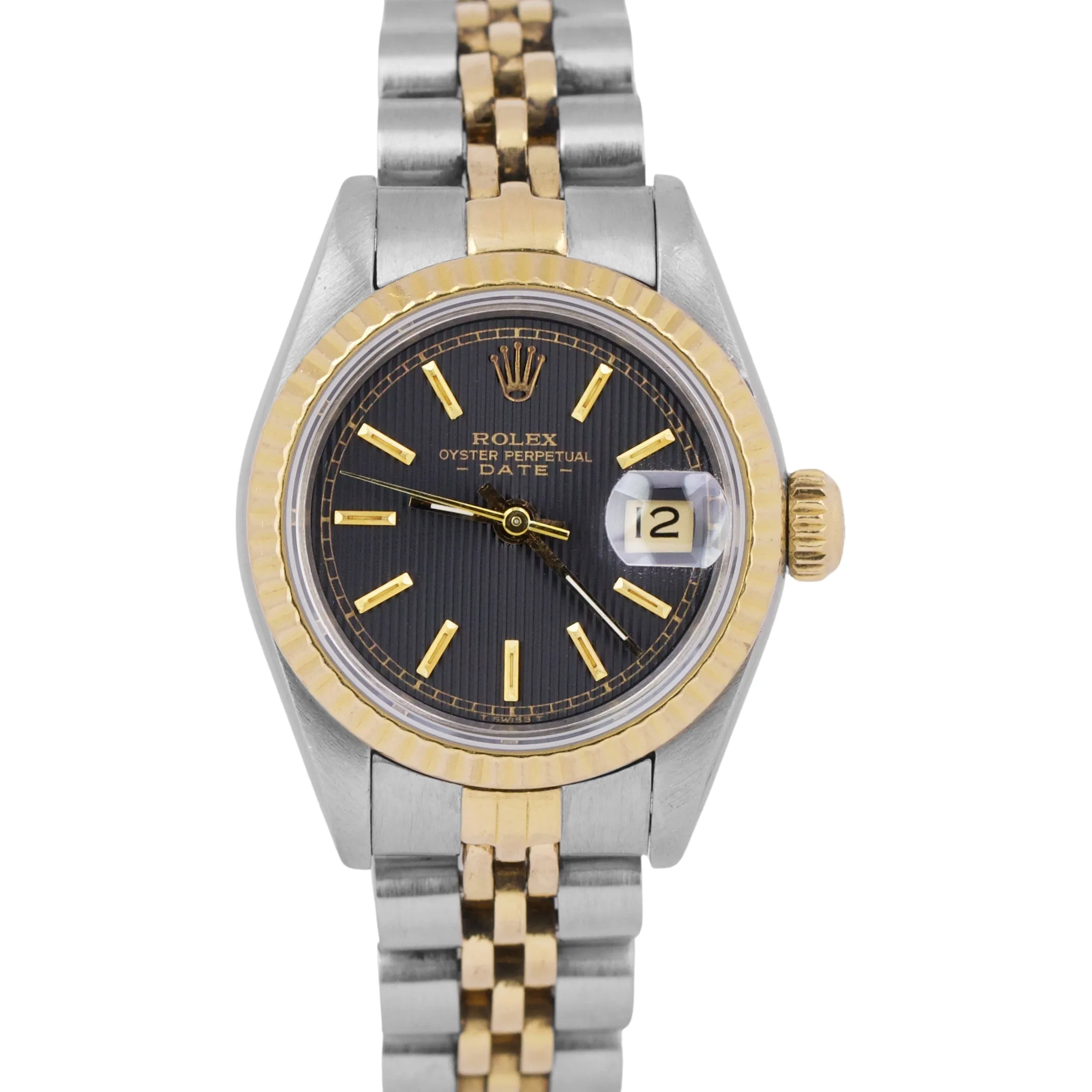 PAPERS Rolex DateJust 26mm BLACK TAPESTRY Jubilee 18K Two-Tone Fluted 69173 B P