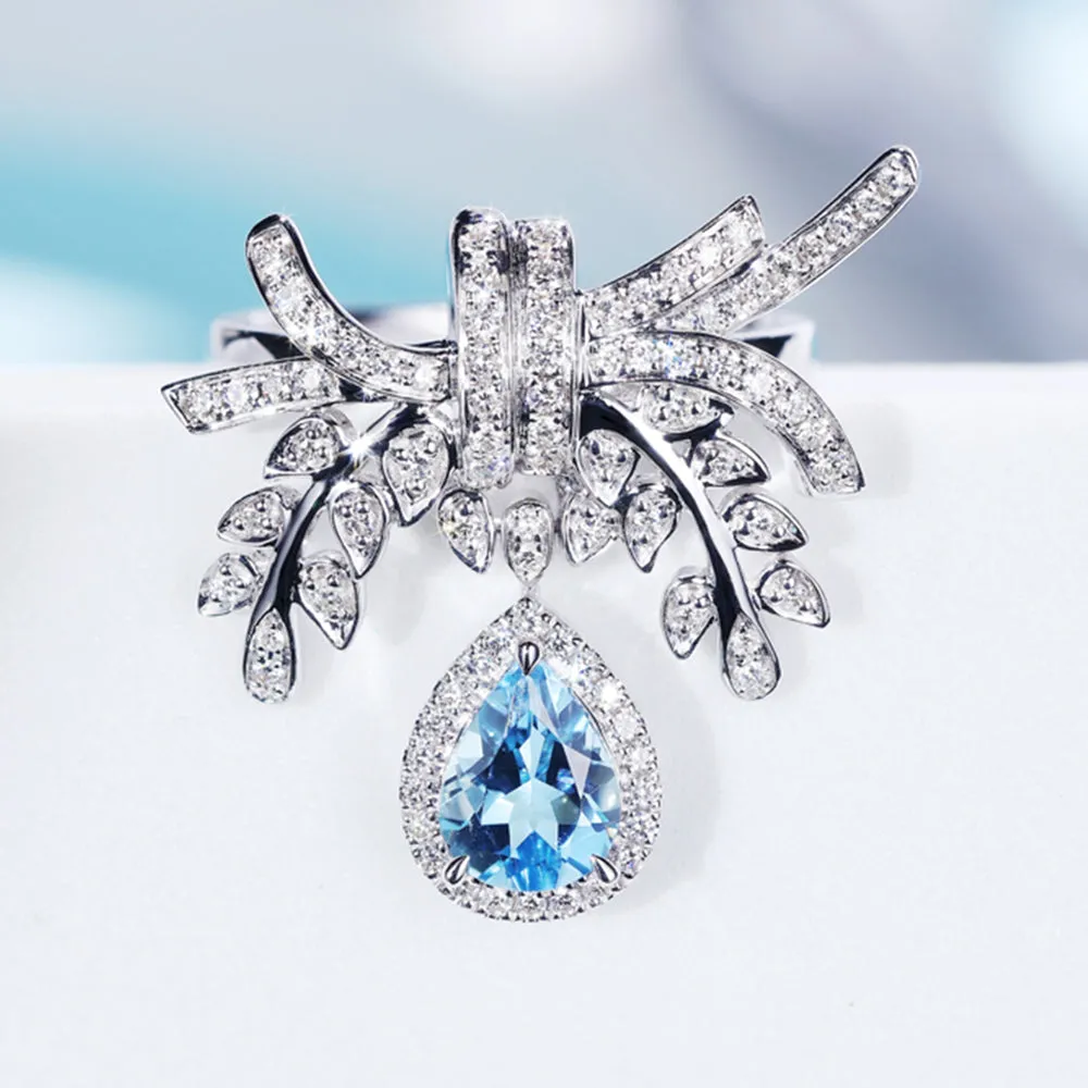 Pear Shaped Aquamarine Dangle Diamond Leaf Ring