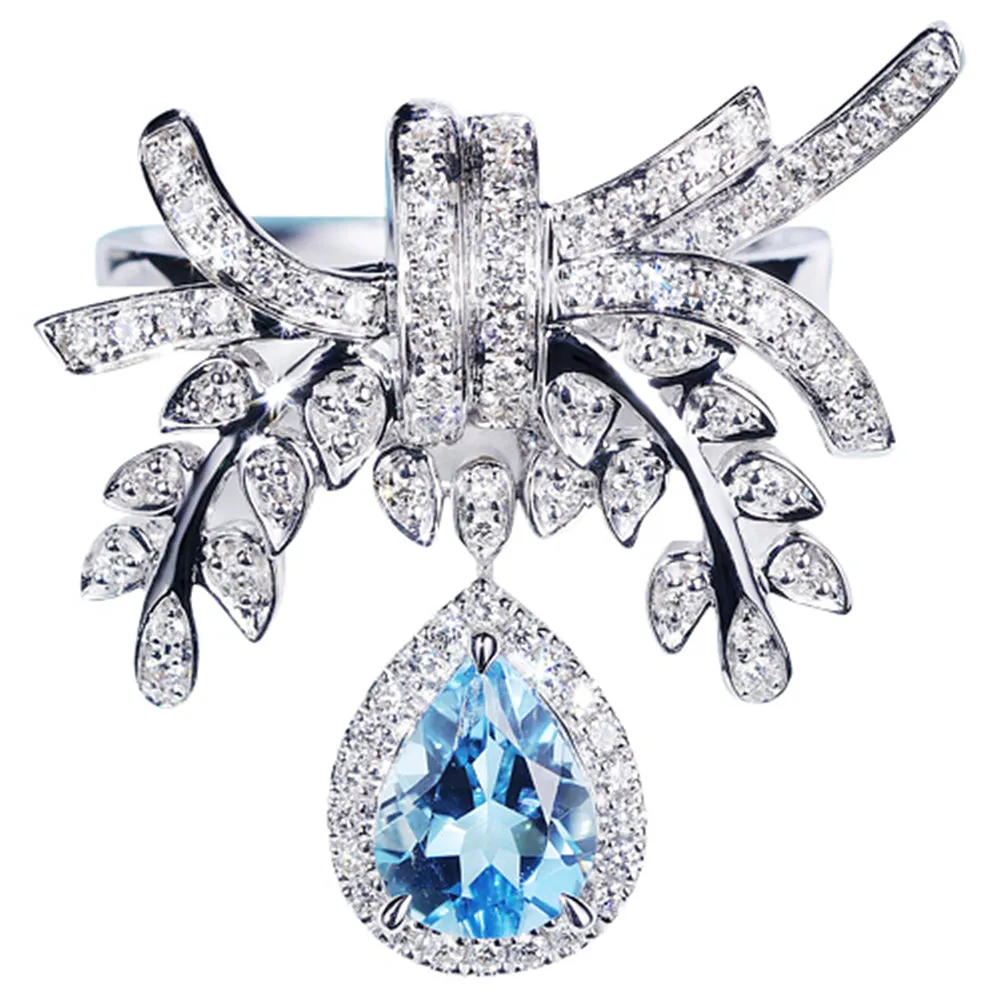 Pear Shaped Aquamarine Dangle Diamond Leaf Ring