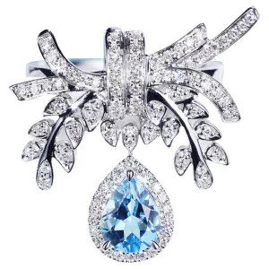 Pear Shaped Aquamarine Dangle Diamond Leaf Ring
