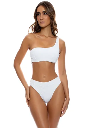 PURA CURIOSIDAD - One Shoulder Lace Back Top & High Leg Banded Waist Bottom • White