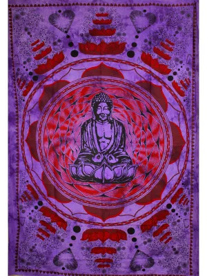 Purple Buddha In Dharma Chakra Mudra On A Lotus Flower Tapestry