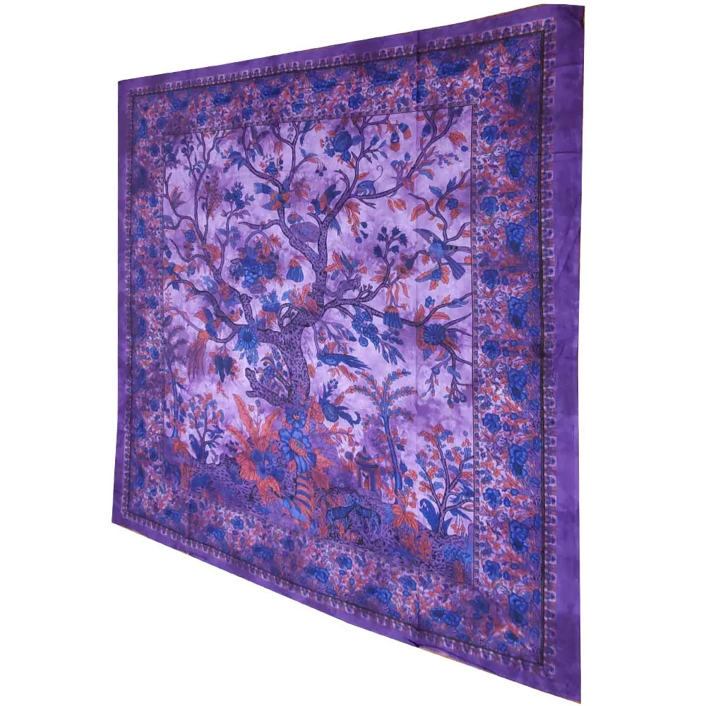 Purple Tree of Life Birds Tapestry Colorful Indian Wall Decor