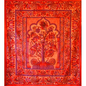 Red Tree of Life Peacock Tapestry Colorful Indian Wall Decor