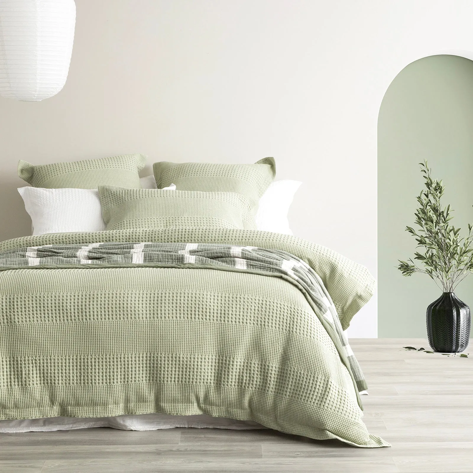 Renee Taylor Elegance Waffle Cotton Jacquard Quilt Cover Set - MOSS