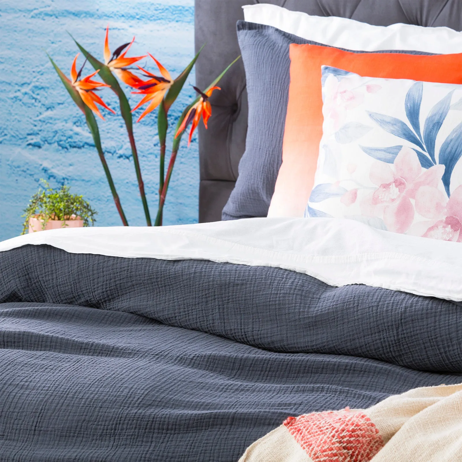Renee Taylor  Solana Washed Cotton Textured Quilt Cover Set - Blue