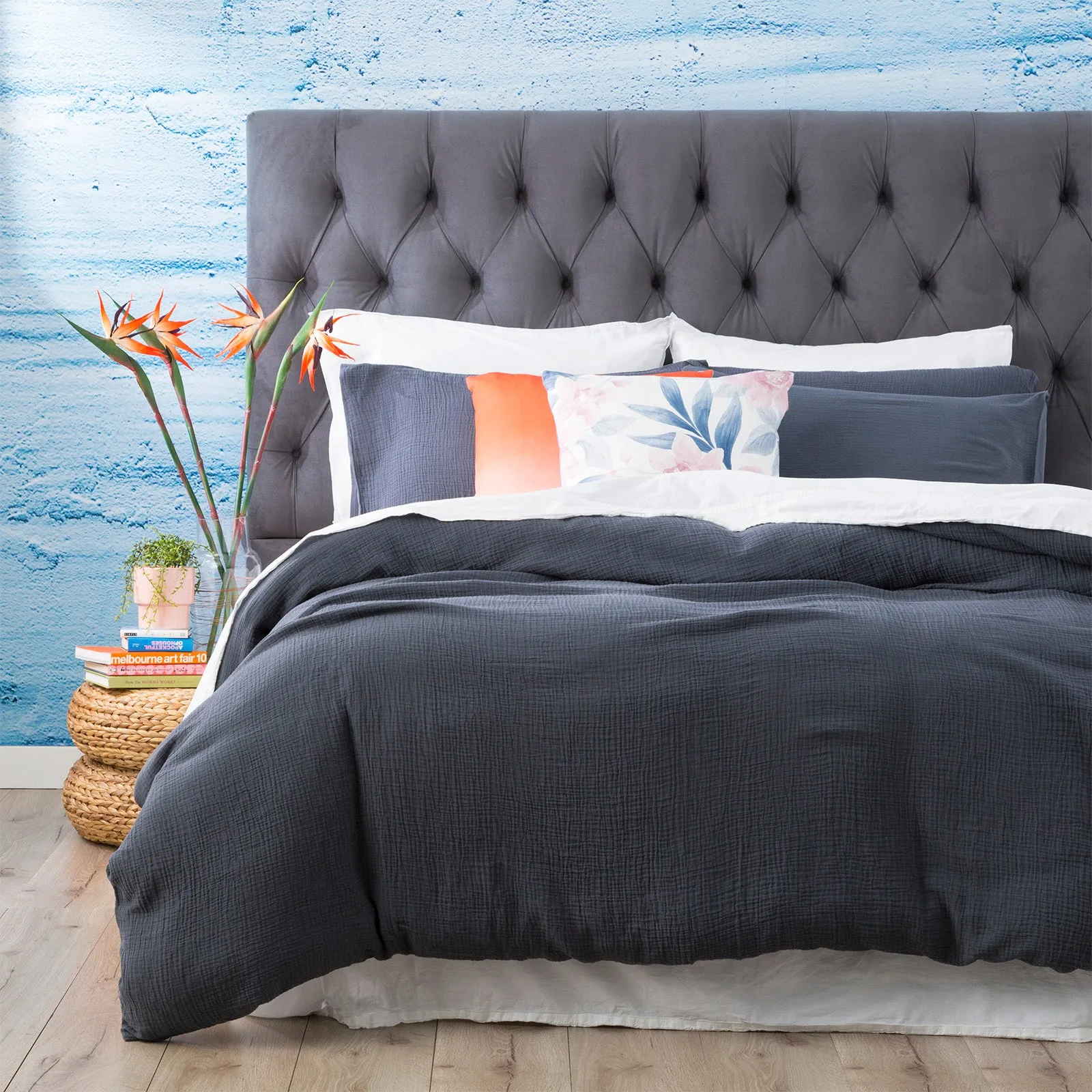 Renee Taylor  Solana Washed Cotton Textured Quilt Cover Set - Blue
