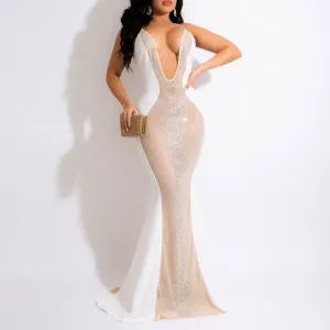 Rhinestone Deep V-Neck Sleeveless Sheer Mesh Patchwork Maxi Dress