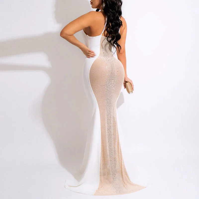 Rhinestone Deep V-Neck Sleeveless Sheer Mesh Patchwork Maxi Dress