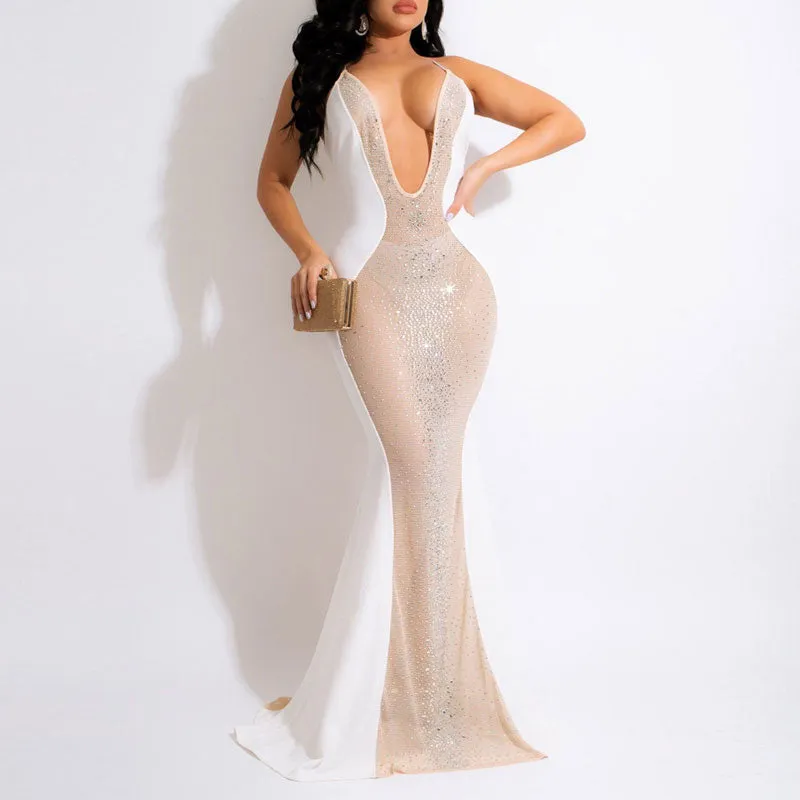 Rhinestone Deep V-Neck Sleeveless Sheer Mesh Patchwork Maxi Dress