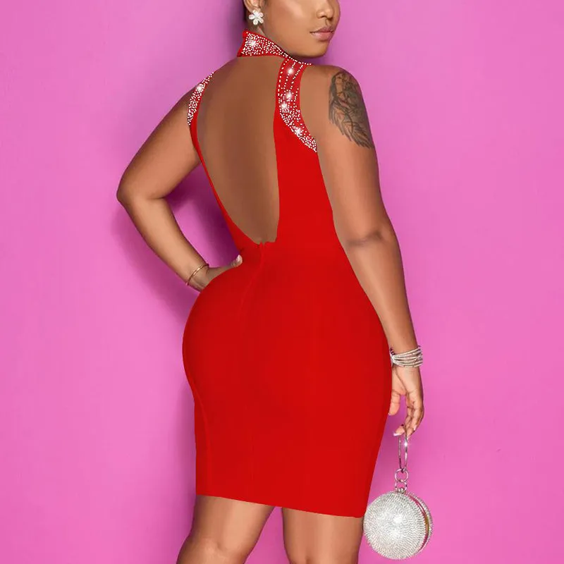 Rhinestone Sleeveless Backless Sheer Mesh Patchwork Bodycon Dress