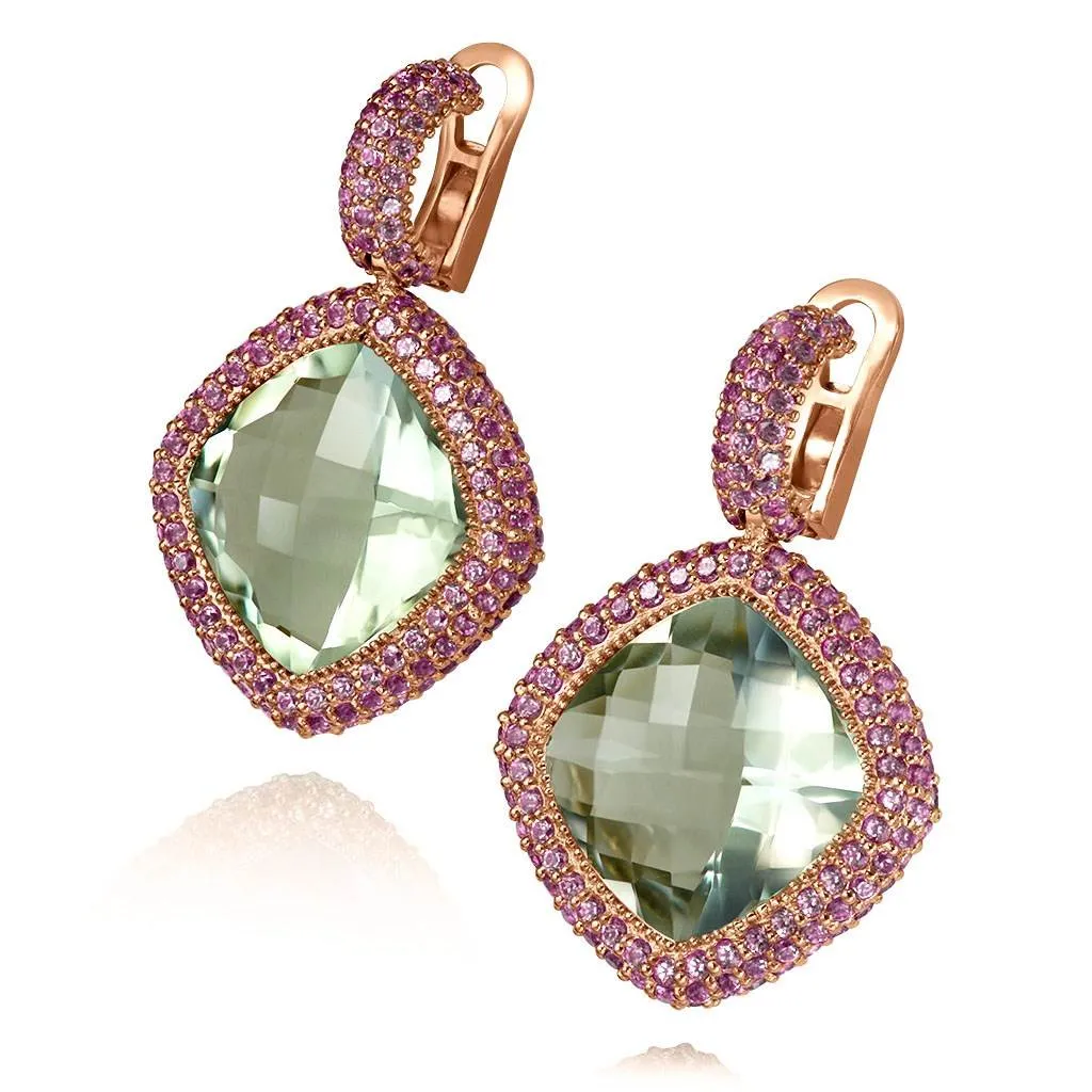 Rose Gold Royal Earrings with Green Amethyst & Garnet