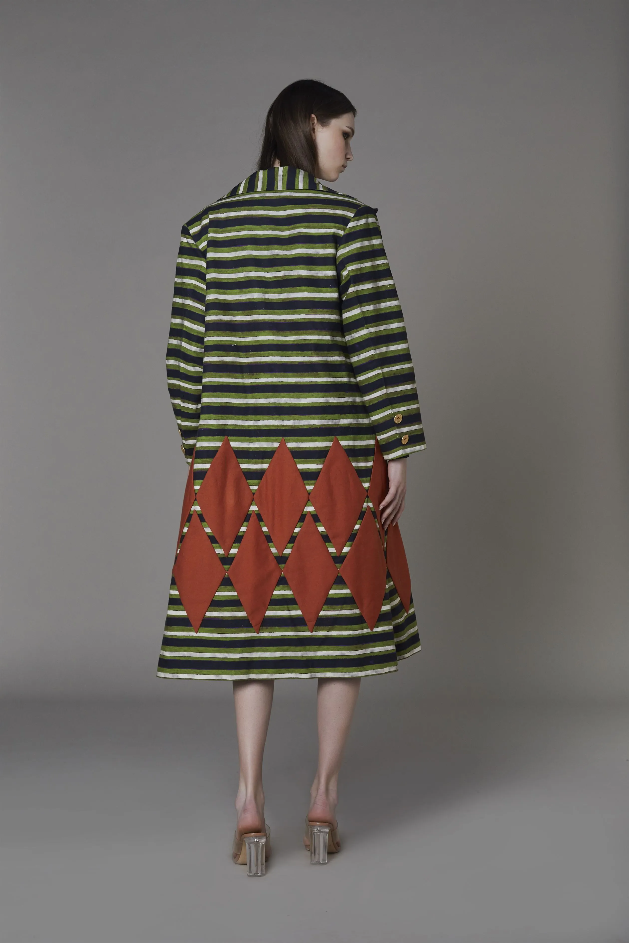 Saaksha & KinniÂ    I   Green stripe jacket with rust diamond patch Drill Multi SS22066