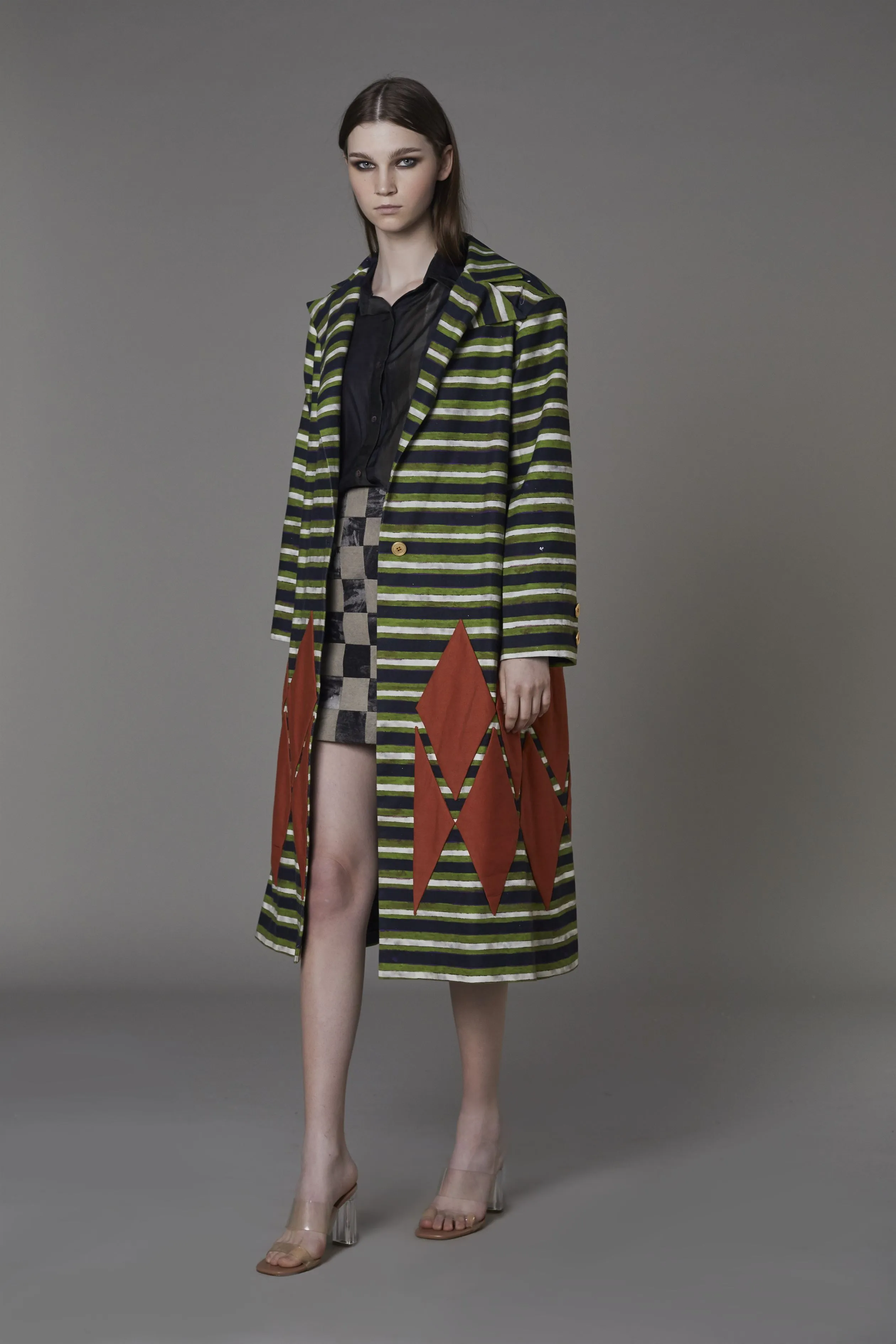 Saaksha & KinniÂ    I   Green stripe jacket with rust diamond patch Drill Multi SS22066