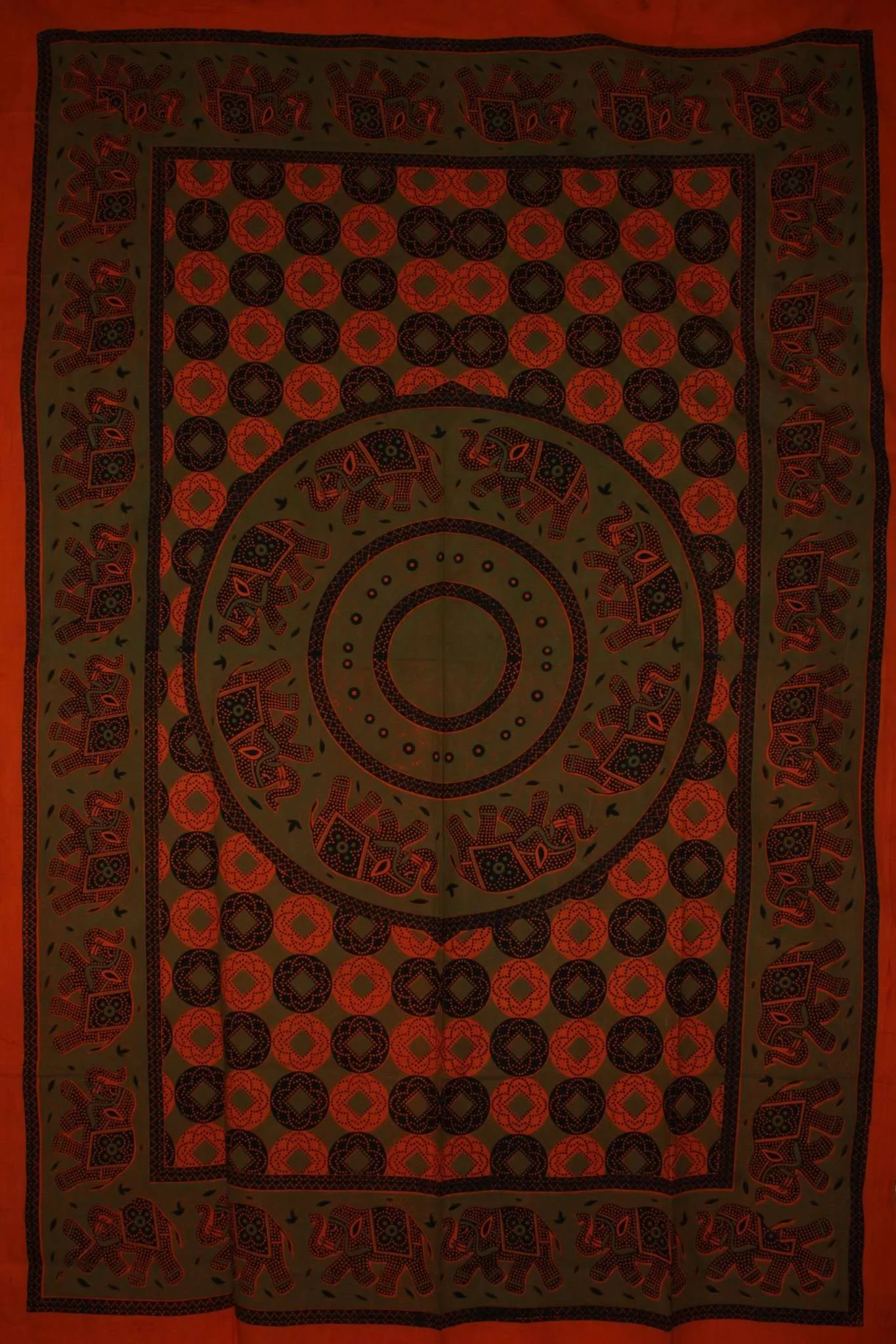 Saffron & Green Folk Style Bagru Elephant Mandala Tapestry
