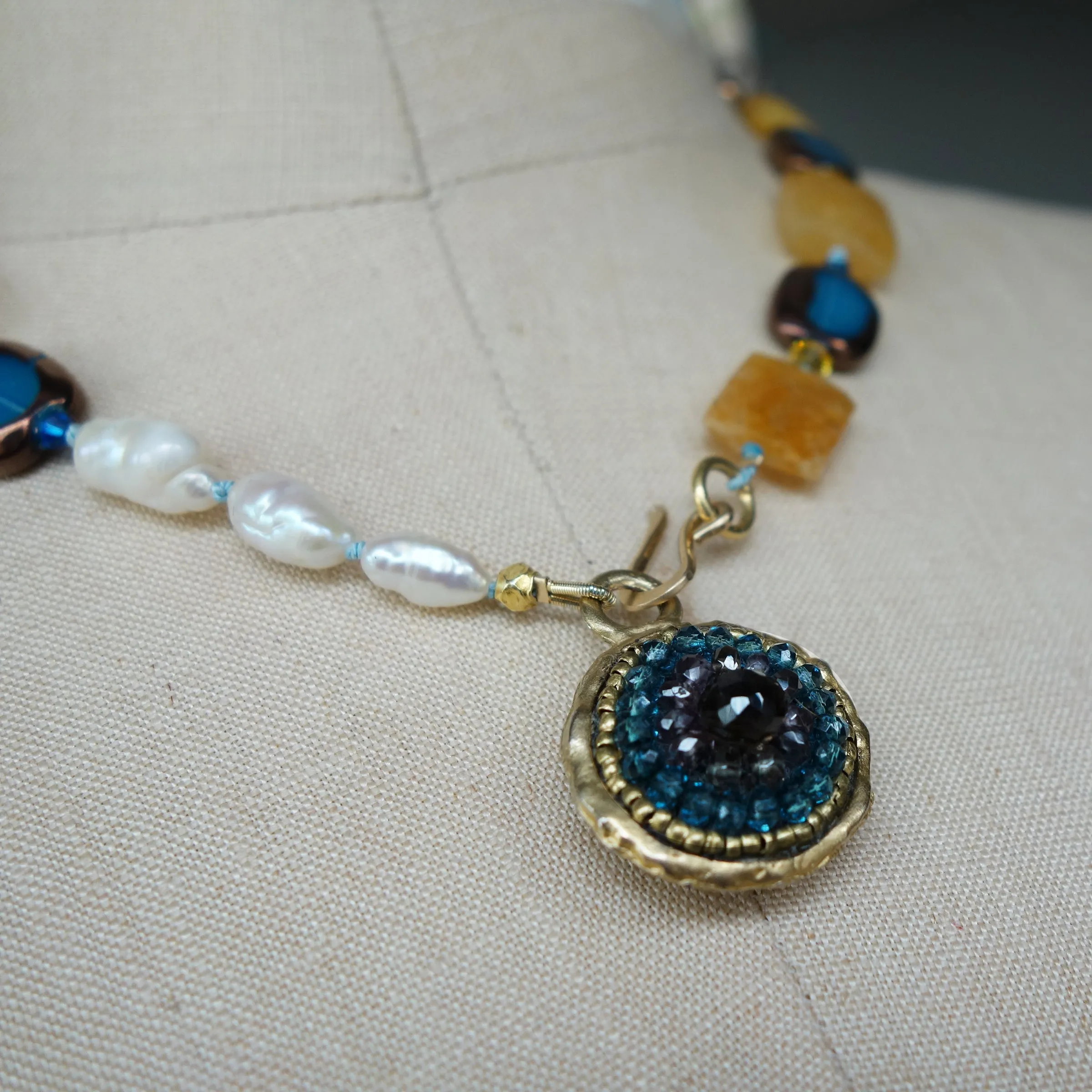 Sapphire, Pearl, and Jasper 2 Sided Mosaic Necklace (Wanderlust Paris)