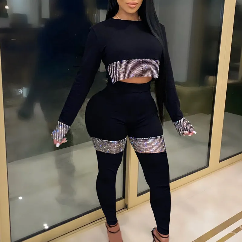 Sequins Patchwork Long Sleeve Top & High Waist Pants