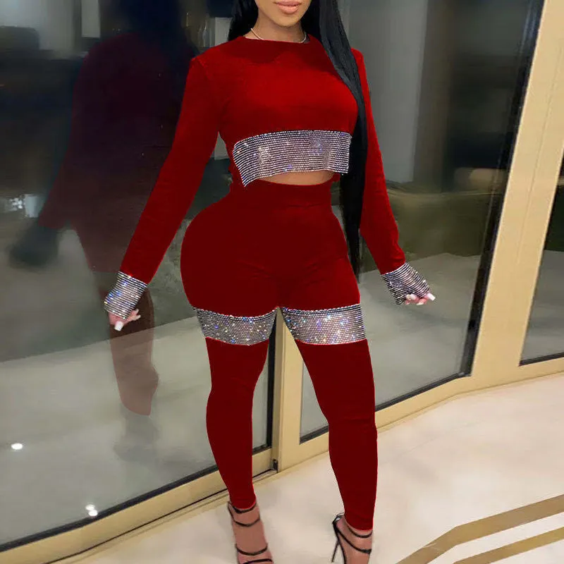 Sequins Patchwork Long Sleeve Top & High Waist Pants